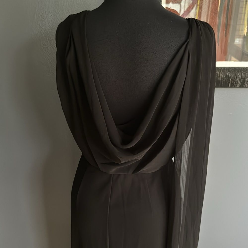 DKNY black chiffon sweetheart neckline sheer gathered shoulder draped back maxi - Picture 4 of 8